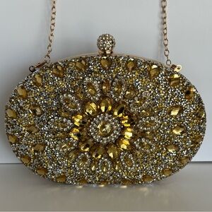 Gold Rhinestone Clutch Evening Bag Crystal Floral Statement Purse